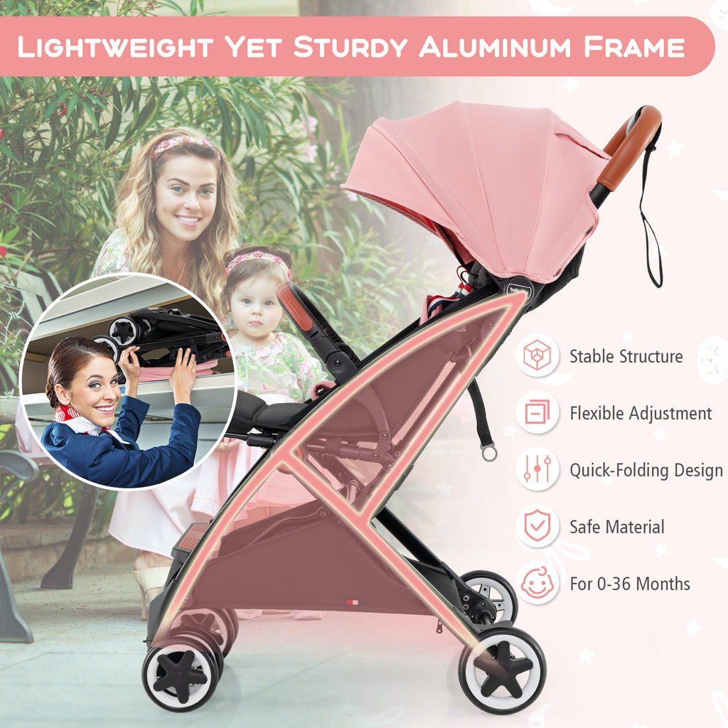 Baby Stroller - Lightweight Compact Travel Pushchair with 3-Position Backrest & Pink