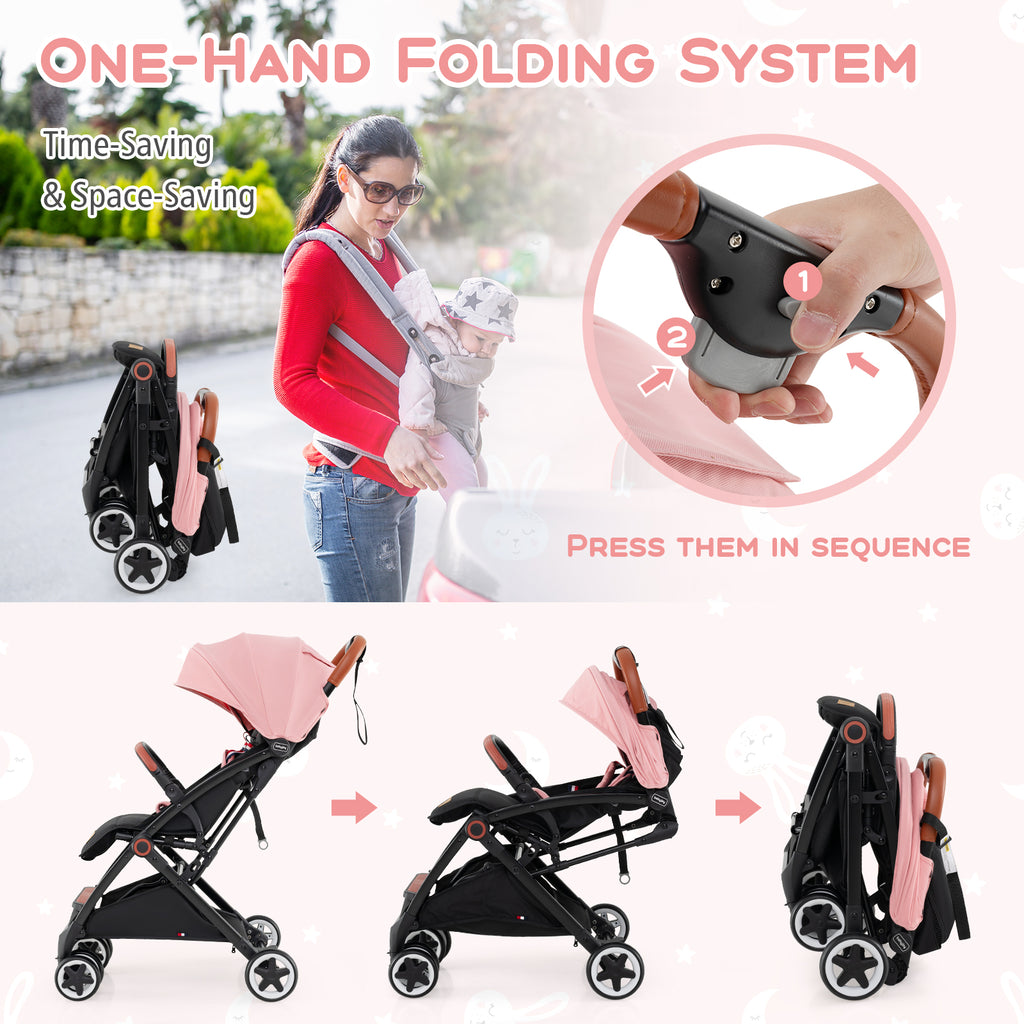 Baby Stroller - Lightweight Compact Travel Pushchair with 3-Position Backrest & Pink