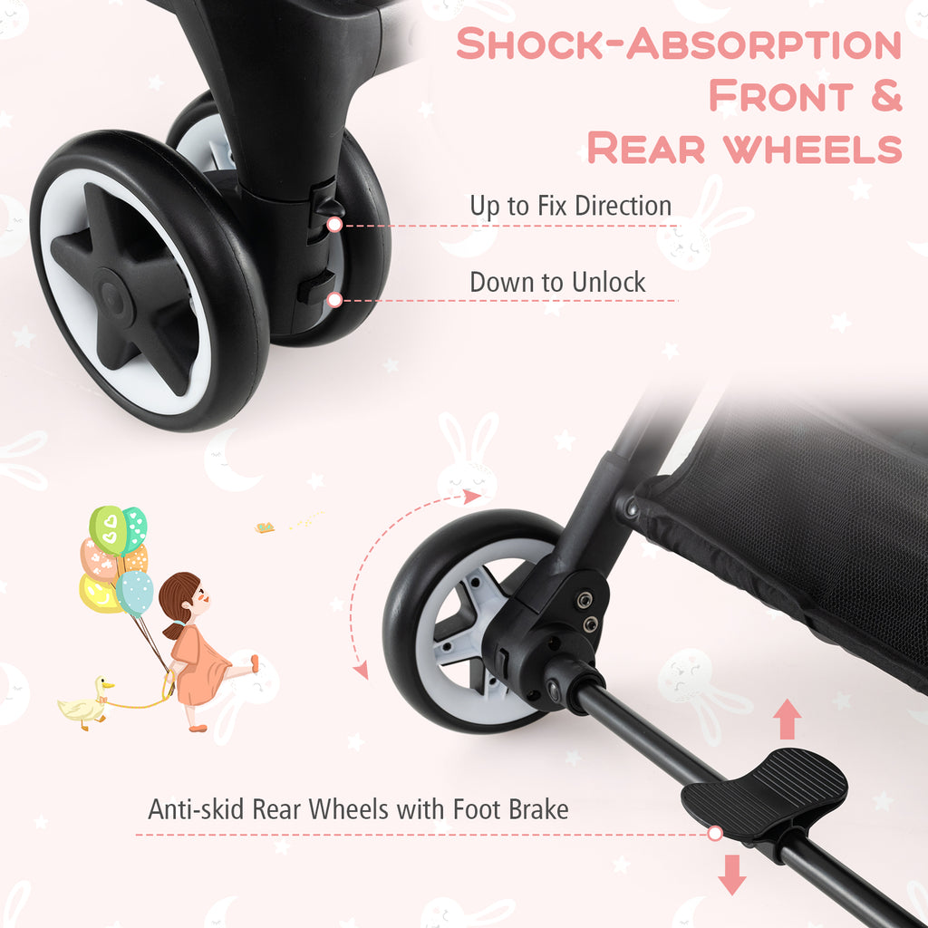 Baby Stroller - Lightweight Compact Travel Pushchair with 3-Position Backrest & Pink