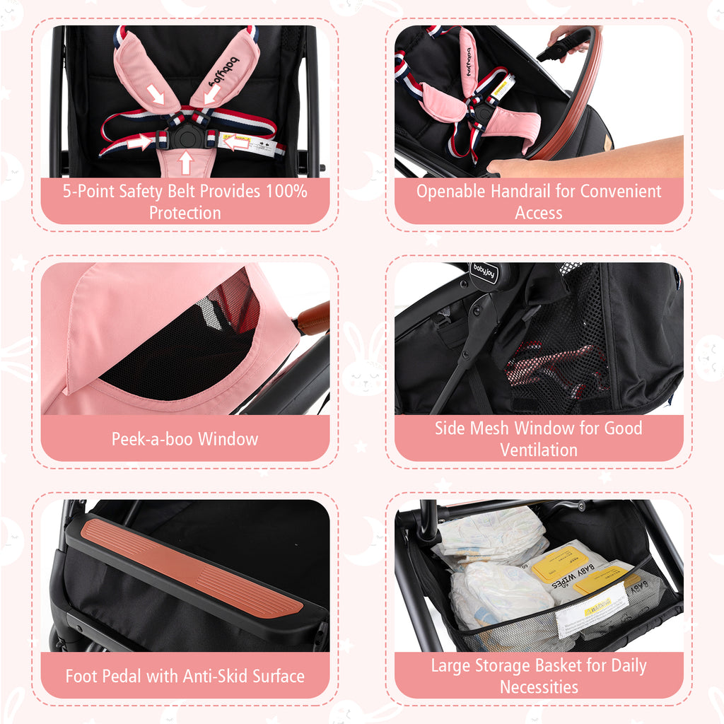 Baby Stroller - Lightweight Compact Travel Pushchair with 3-Position Backrest & Pink