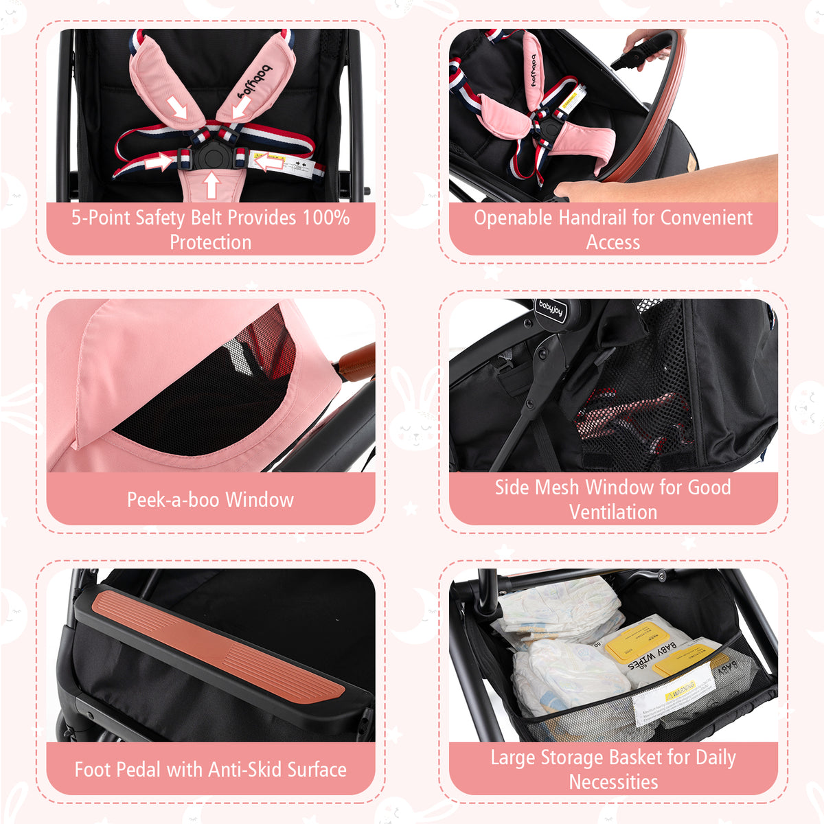 Baby Stroller - Lightweight Compact Travel Pushchair with 3-Position Backrest & Pink