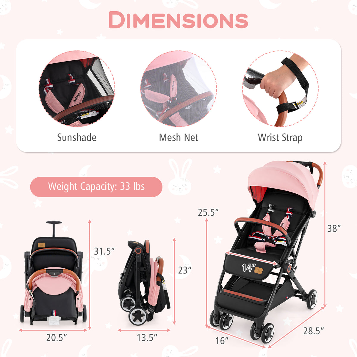 Baby Stroller - Lightweight Compact Travel Pushchair with 3-Position Backrest & Pink