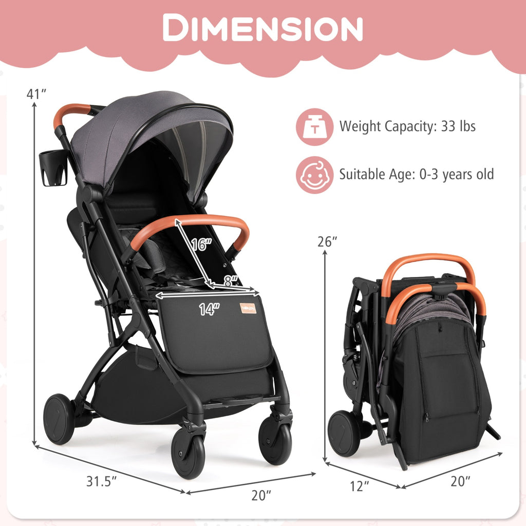 Costway Gray Lightweight Baby Stroller - Compact Travel with One-Hand Folding