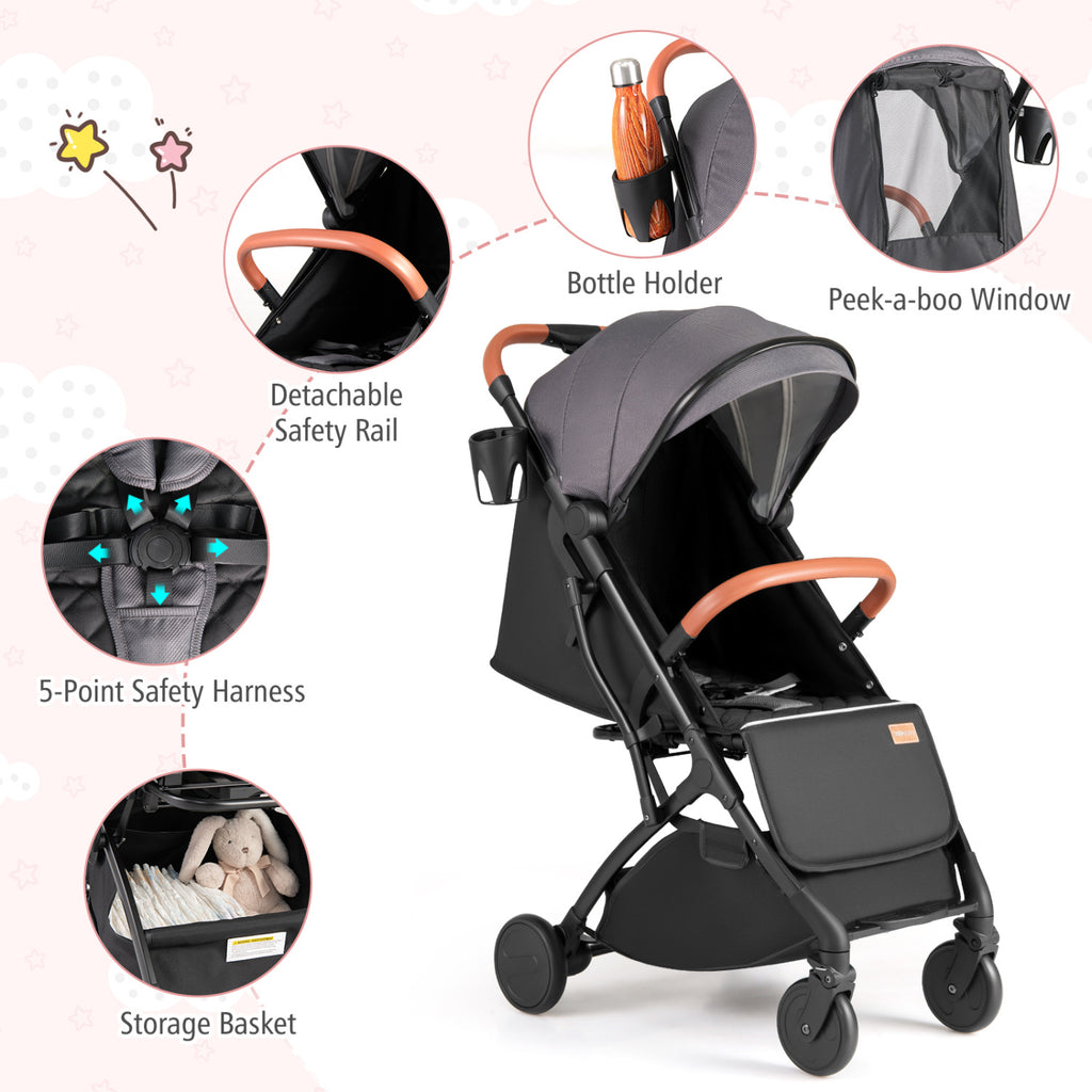 Costway Gray Lightweight Baby Stroller - Compact Travel with One-Hand Folding