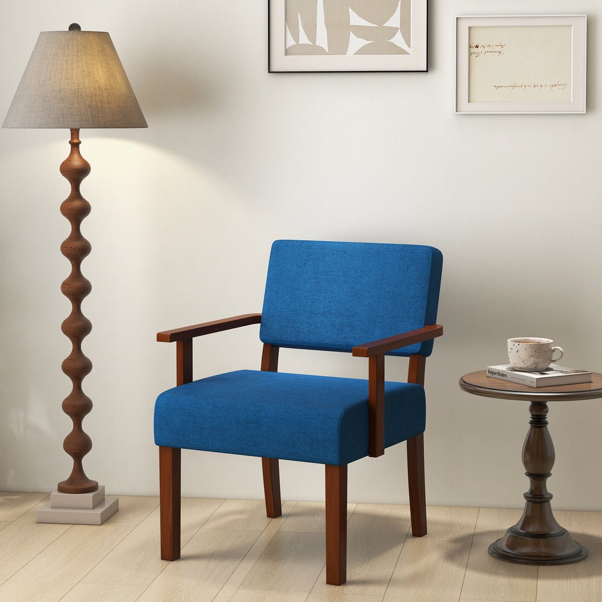 Linen Accent Chair with Wooden Frame, Blue
