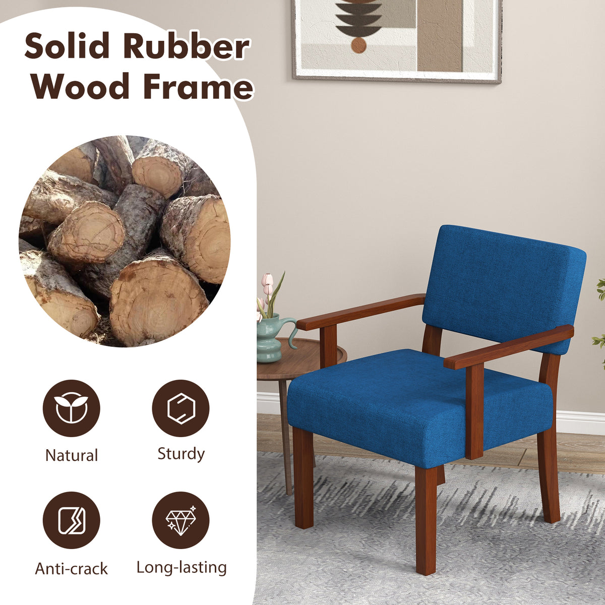Linen Accent Chair with Wooden Frame, Blue