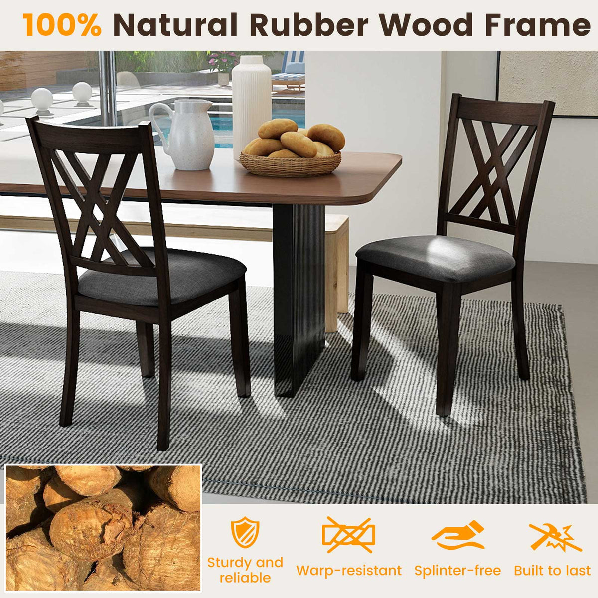 Linen Dining Chair Set of 2, Gray – Wooden Frame
