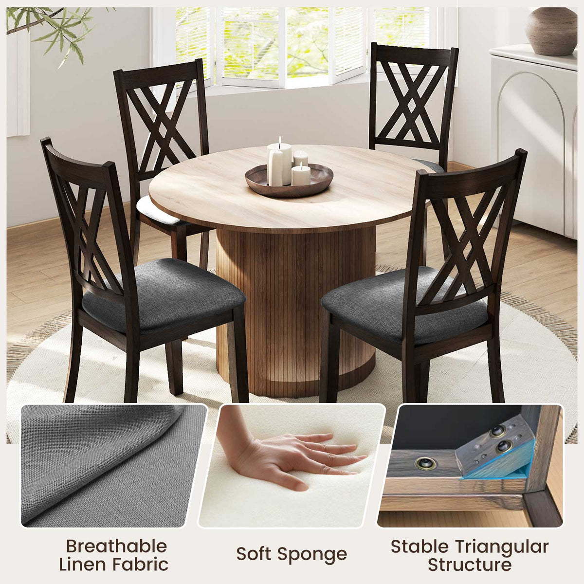 Linen Dining Chair Set of 2, Gray – Wooden Frame