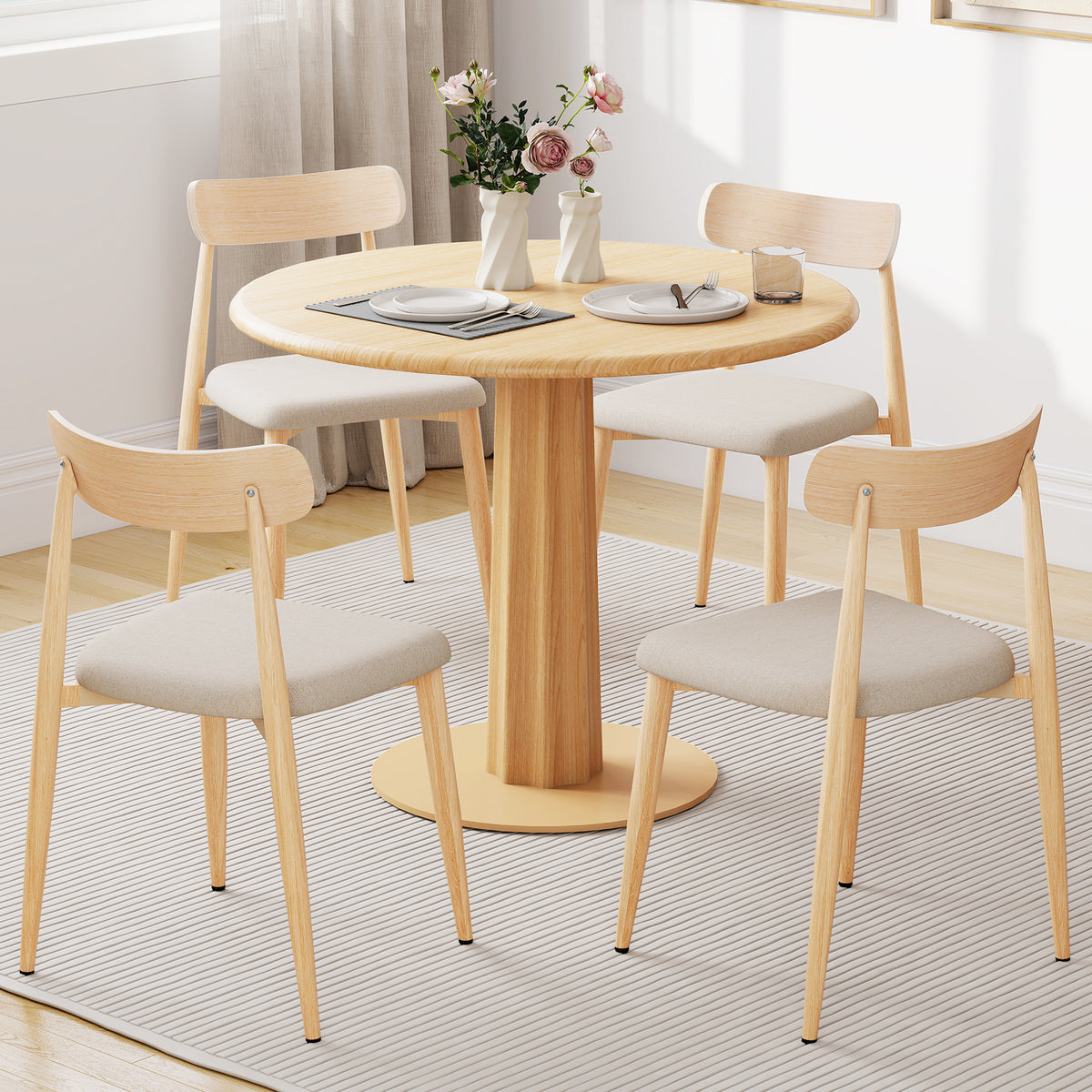 Linen Dining Chair Set of 4 - Oak with Padded Seat