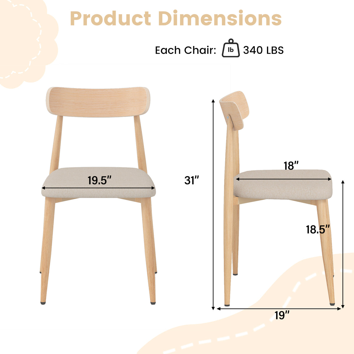 Linen Dining Chair Set of 4 - Oak with Padded Seat
