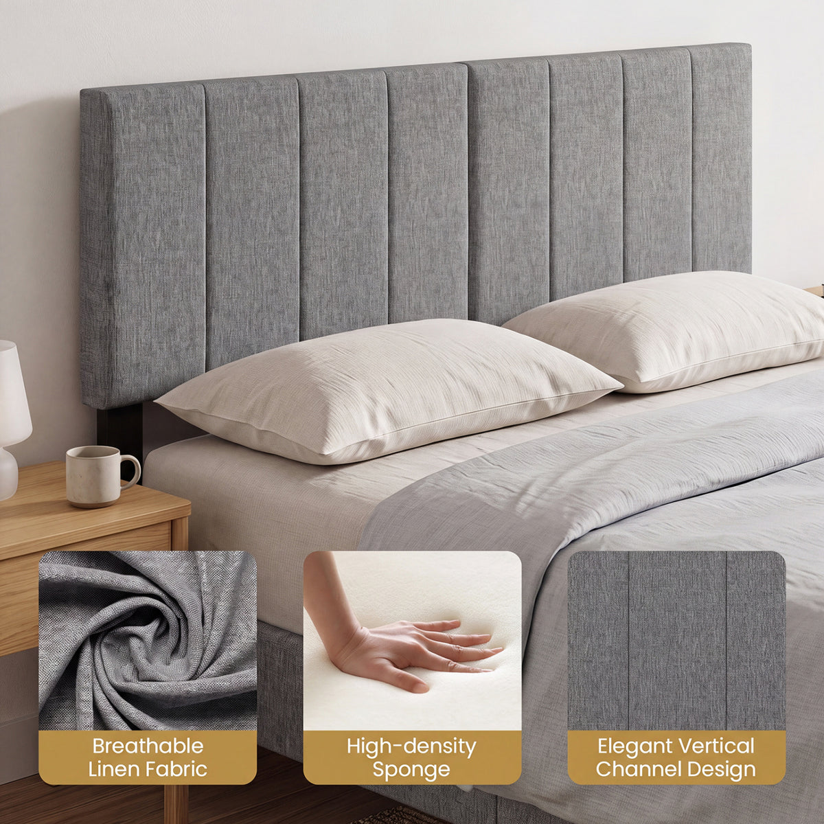 Linen Upholstered Headboard with Wood Legs, Dark Gray - Style D