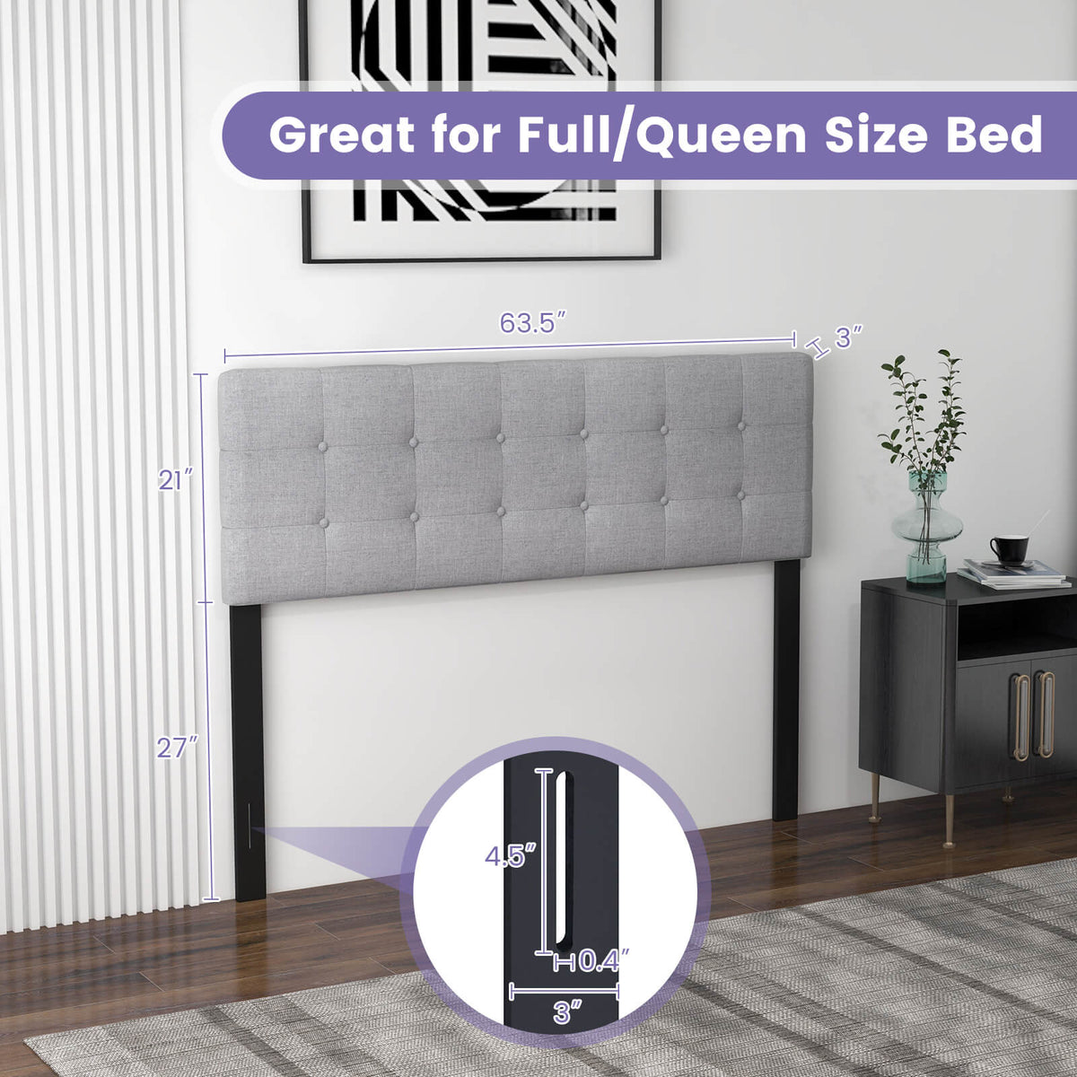 Linen Upholstered Headboard with Rubber Wood Legs - Style A, Gray
