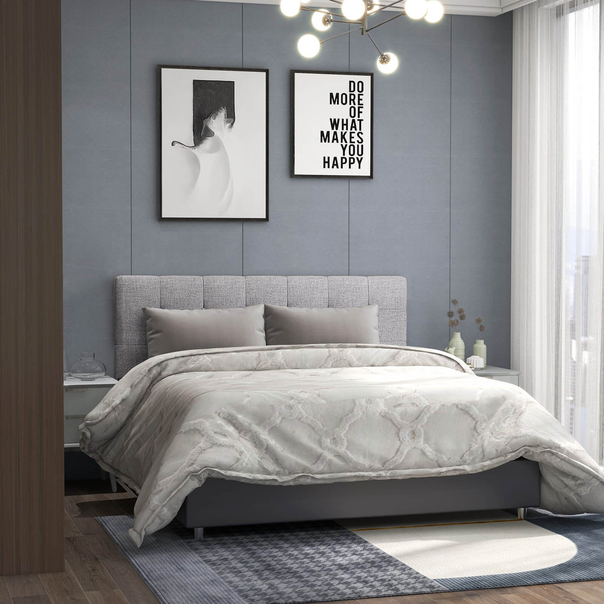 Linen Upholstered Headboard with Rubber Wood Legs - Style A, Gray