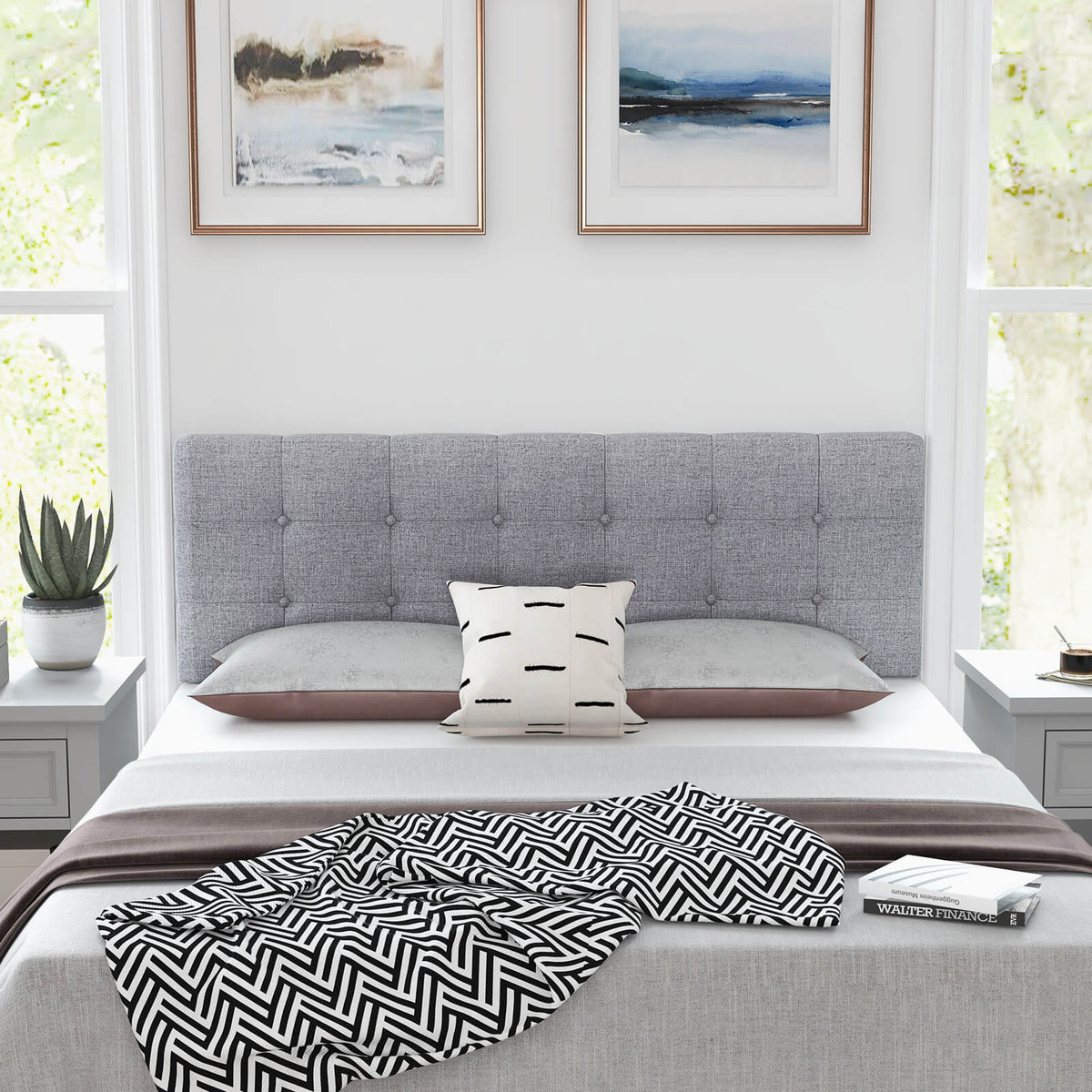 Linen Upholstered Headboard with Rubber Wood Legs - Style A, Gray