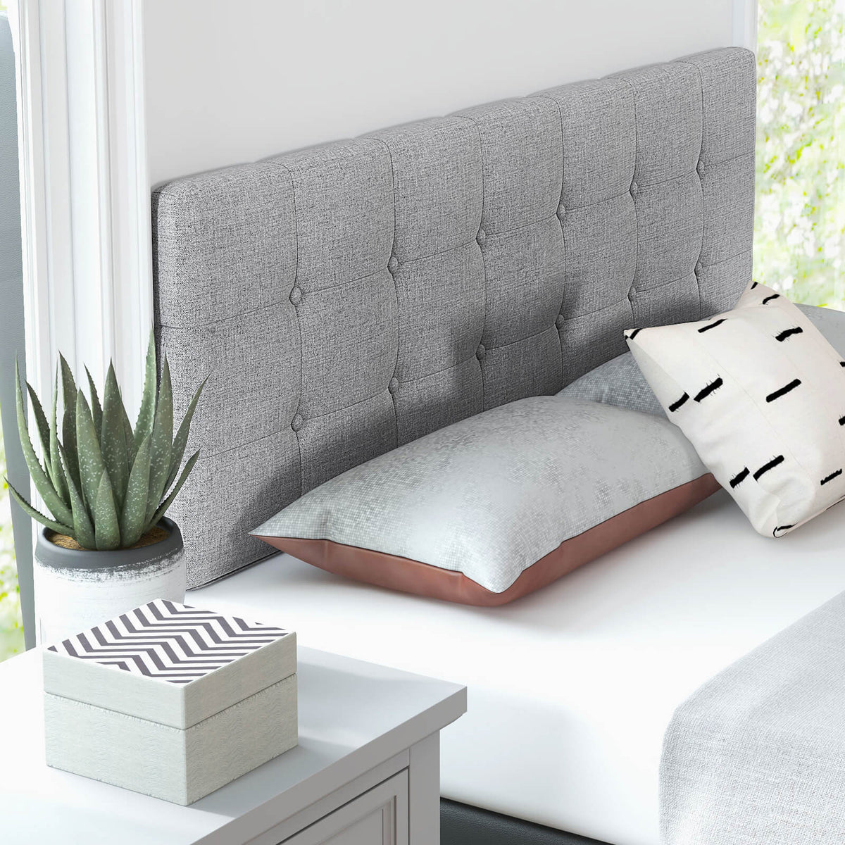 Linen Upholstered Headboard with Rubber Wood Legs - Style A, Gray