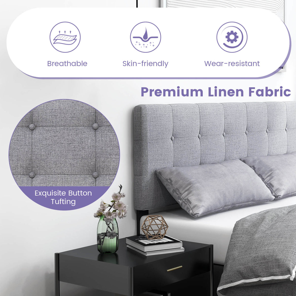 Linen Upholstered Headboard with Rubber Wood Legs - Style A, Gray