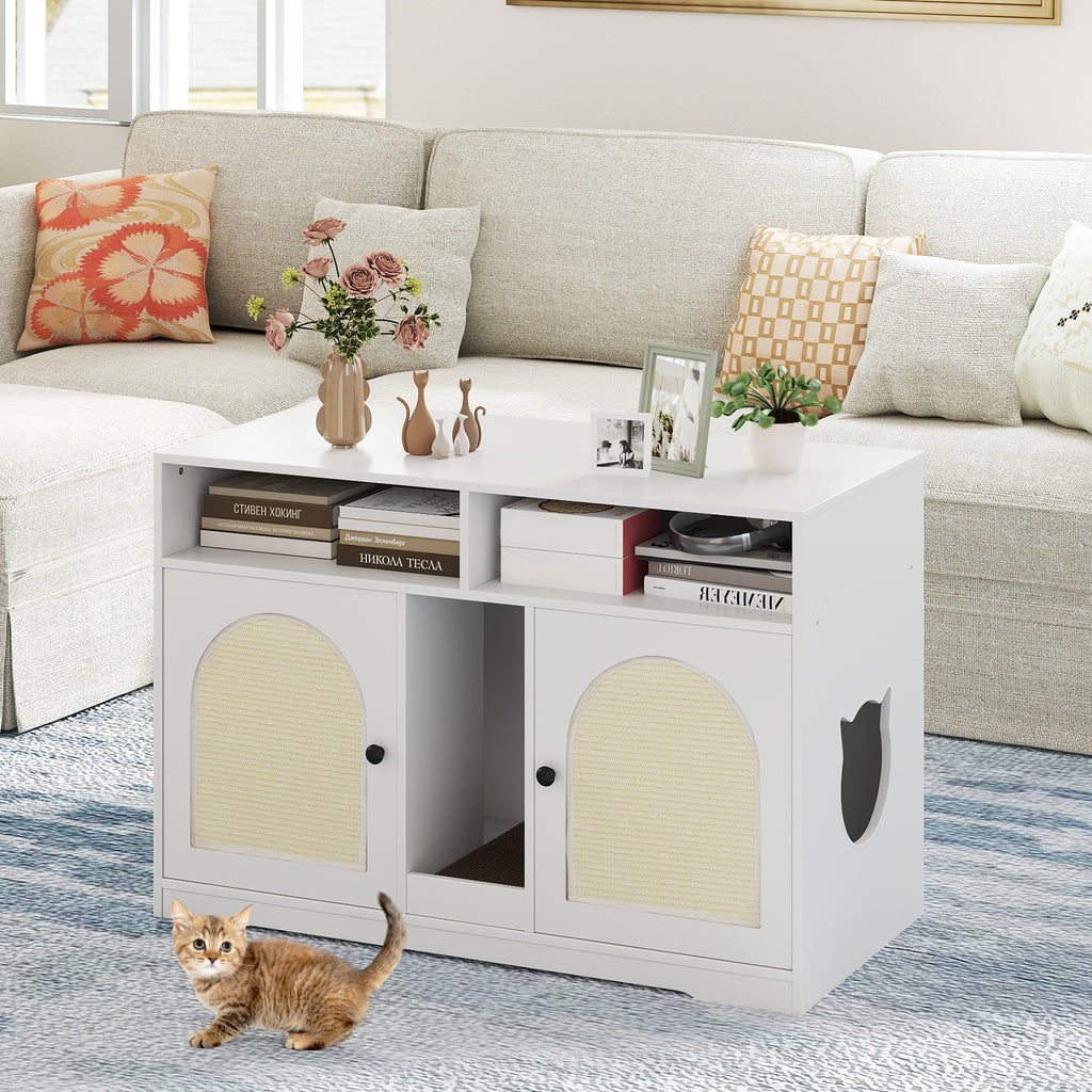 White 43-Inch Cat Litter Box Enclosure with Storage & Double Rooms - Costway A