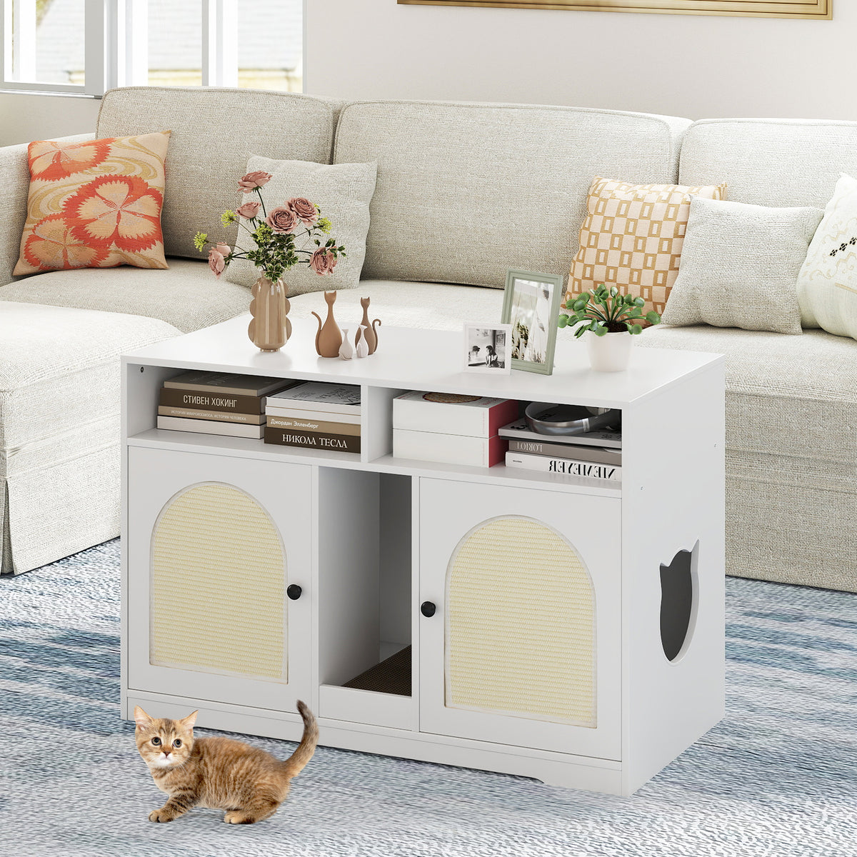 White 43-Inch Cat Litter Box Enclosure with Storage & Double Rooms - Costway A