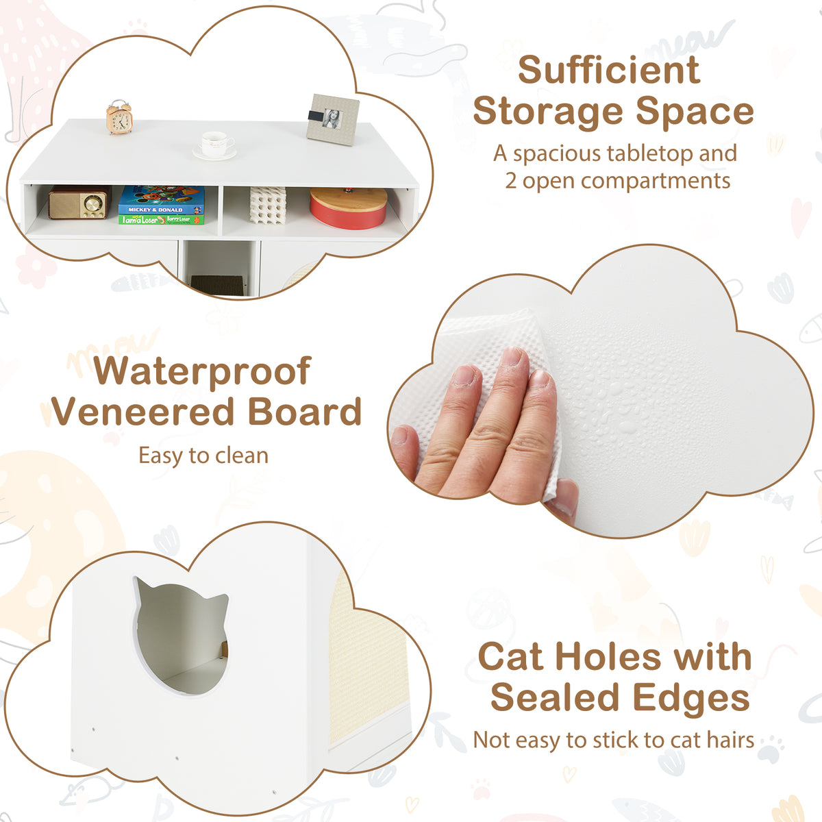 White 43-Inch Cat Litter Box Enclosure with Storage & Double Rooms - Costway A
