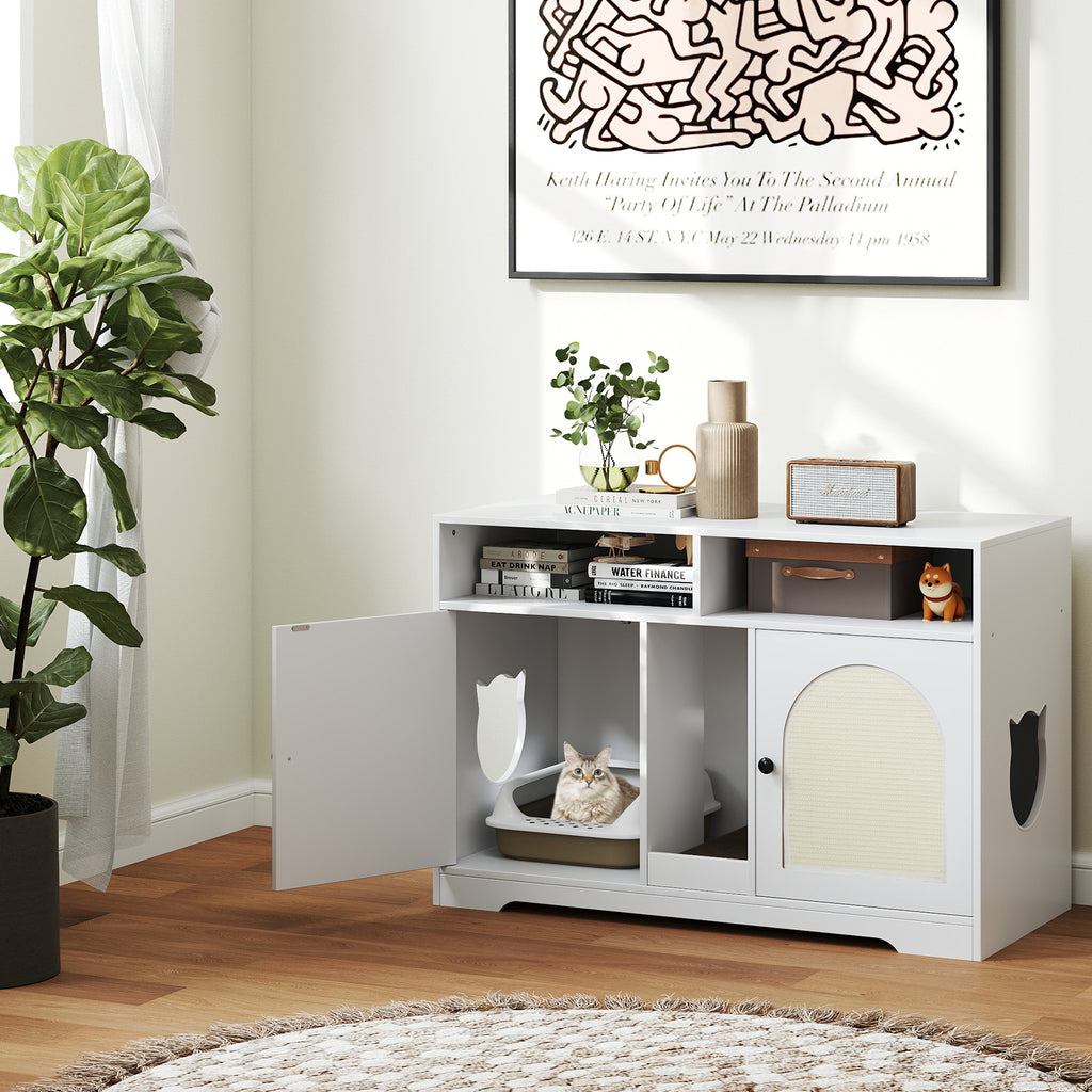 White 43-Inch Cat Litter Box Enclosure with Storage & Double Rooms - Costway A