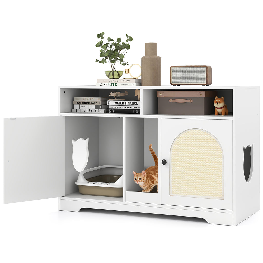 White 43-Inch Cat Litter Box Enclosure with Storage & Double Rooms - Costway A
