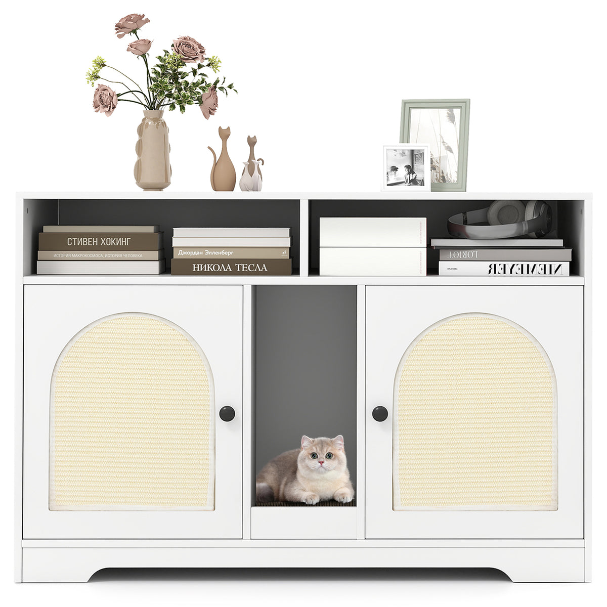 White 43-Inch Cat Litter Box Enclosure with Storage & Double Rooms - Costway A