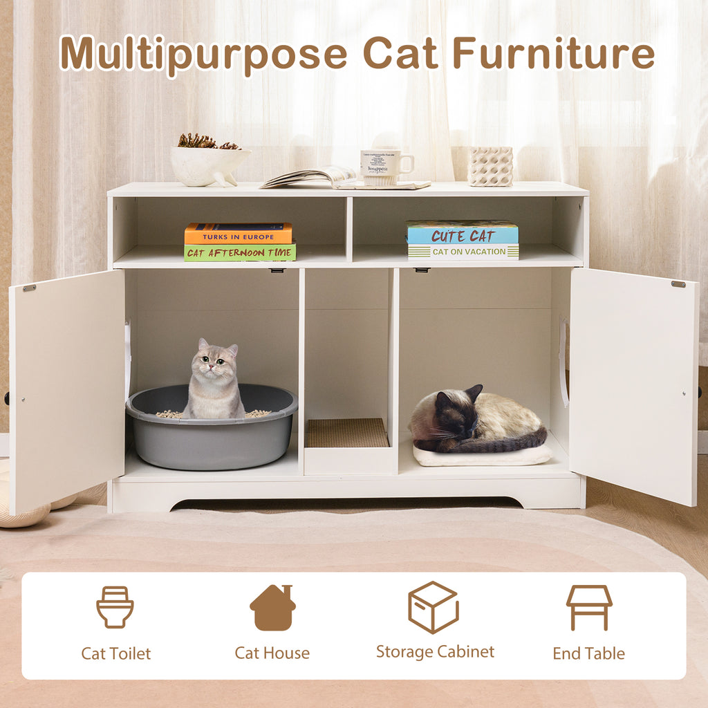 White 43-Inch Cat Litter Box Enclosure with Storage & Double Rooms - Costway A