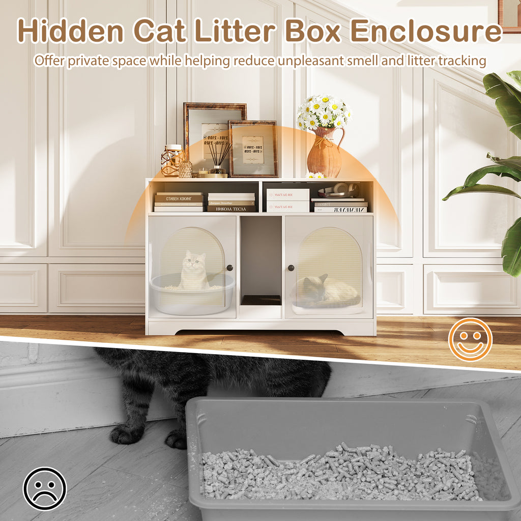 White 43-Inch Cat Litter Box Enclosure with Storage & Double Rooms - Costway A