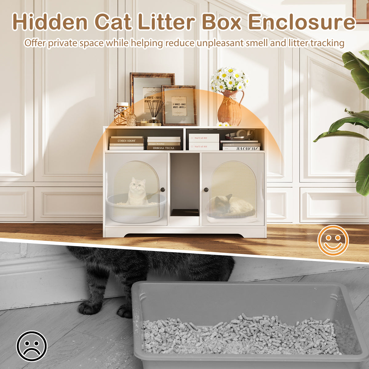 White 43-Inch Cat Litter Box Enclosure with Storage & Double Rooms - Costway A