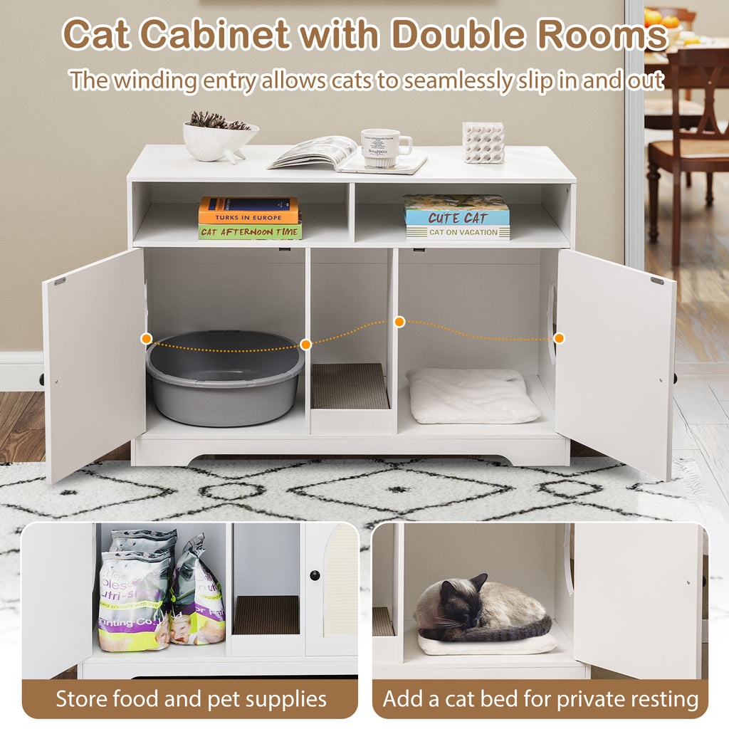 White 43-Inch Cat Litter Box Enclosure with Storage & Double Rooms - Costway A