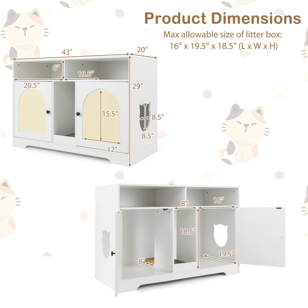 White 43-Inch Cat Litter Box Enclosure with Storage & Double Rooms - Costway A