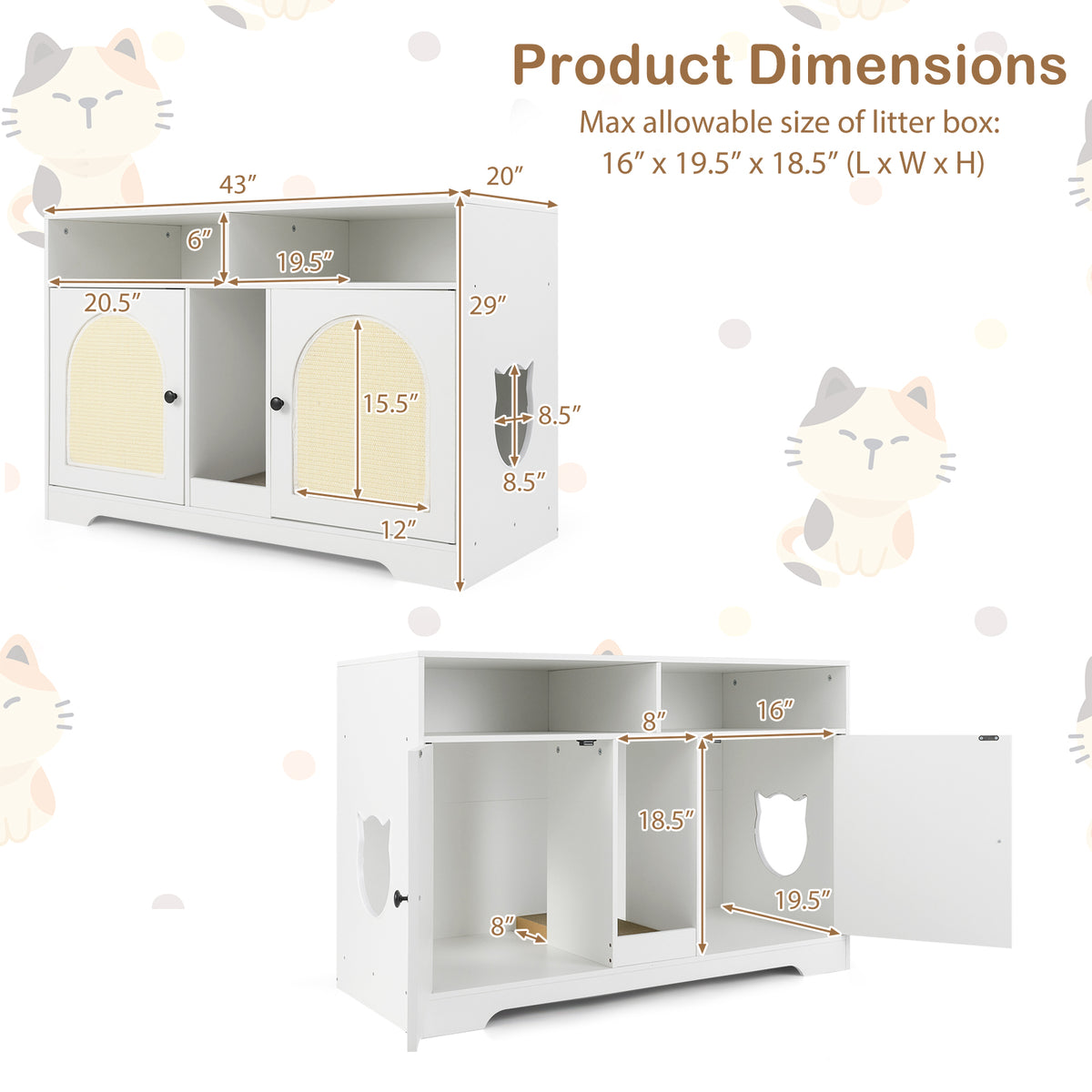 White 43-Inch Cat Litter Box Enclosure with Storage & Double Rooms - Costway A