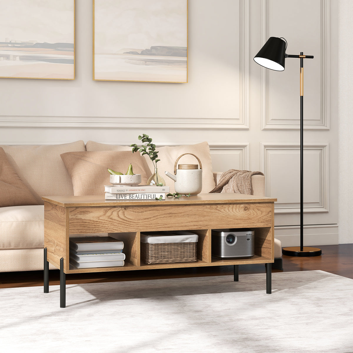 Lift-Top Coffee Table with Hidden Storage - Natural