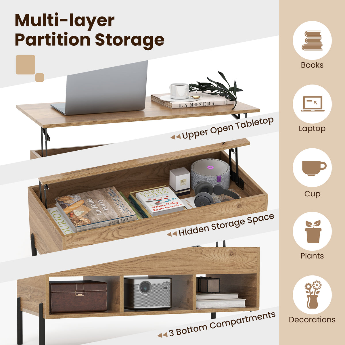 Lift-Top Coffee Table with Hidden Storage - Natural