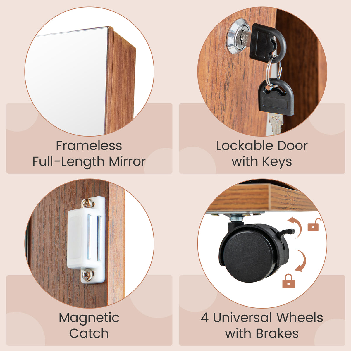 64" Lockable Jewelry Armoire with Built-in Makeup Mirror - Brown