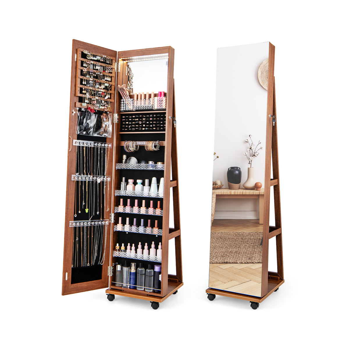 64" Lockable Jewelry Armoire with Built-in Makeup Mirror - Brown