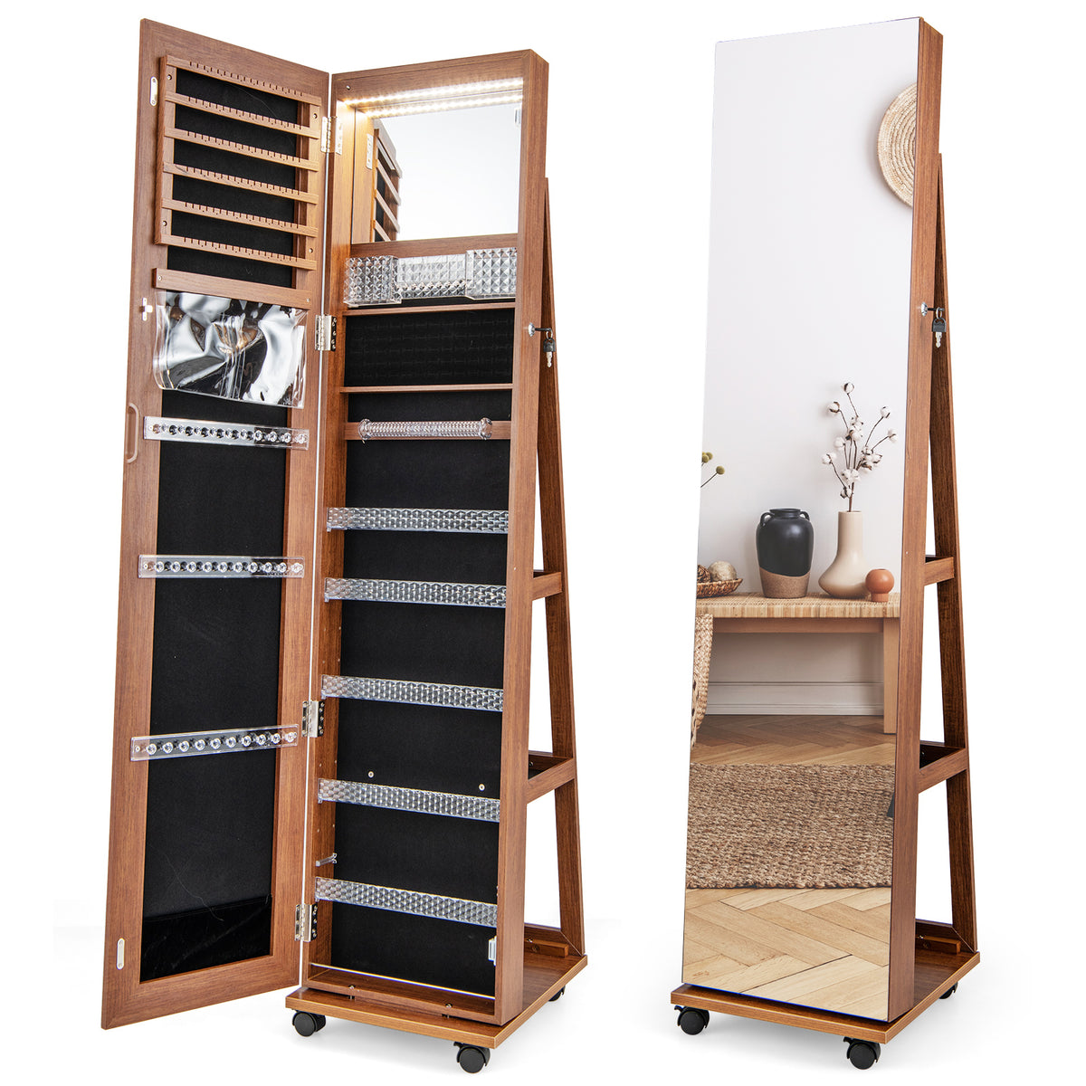 64" Lockable Jewelry Armoire with Built-in Makeup Mirror - Brown