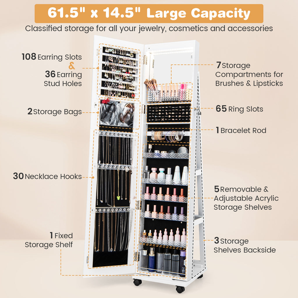 64-Inch Lockable Jewelry Cabinet Armoire with Makeup Mirror, White