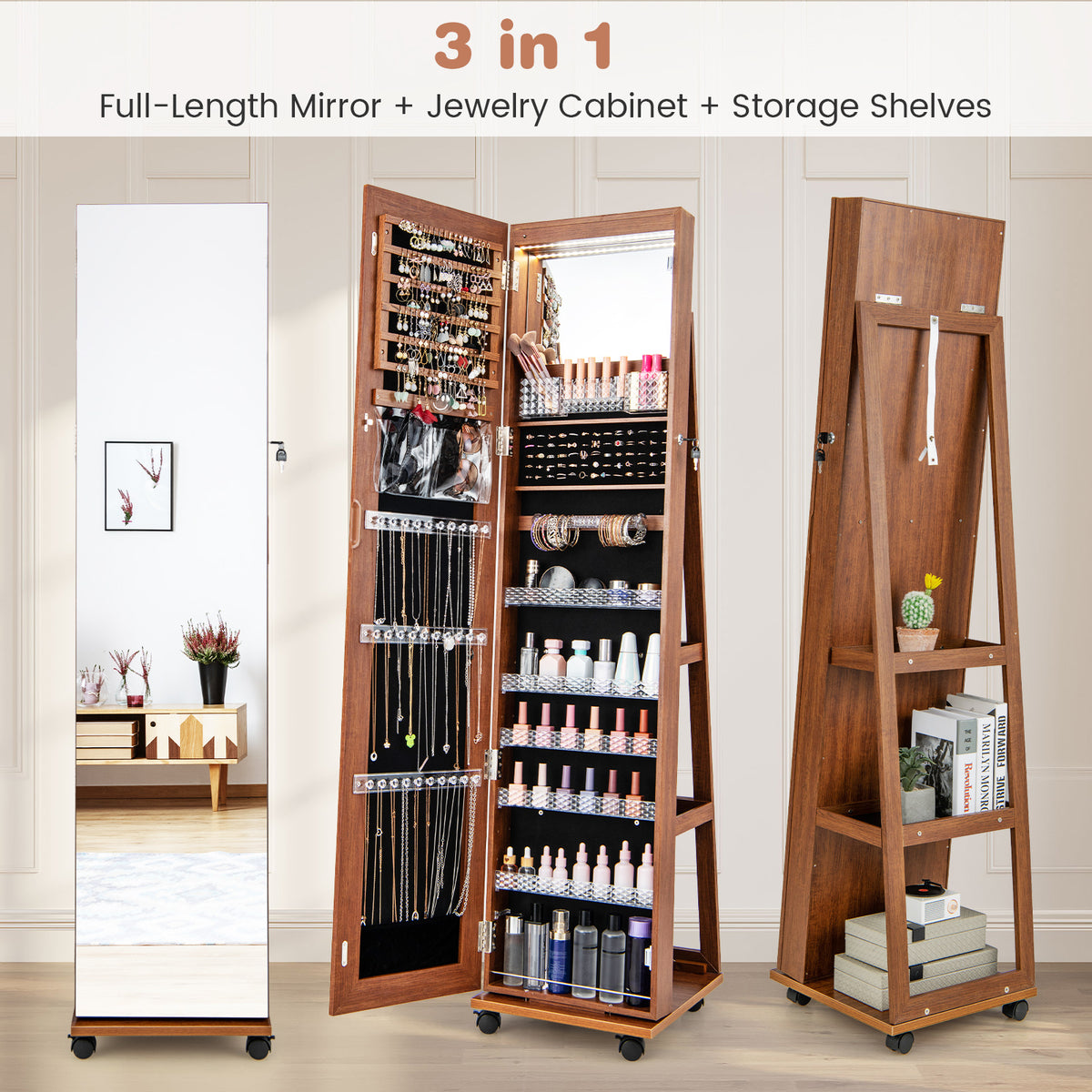 64" Lockable Jewelry Armoire with Built-in Makeup Mirror - Brown