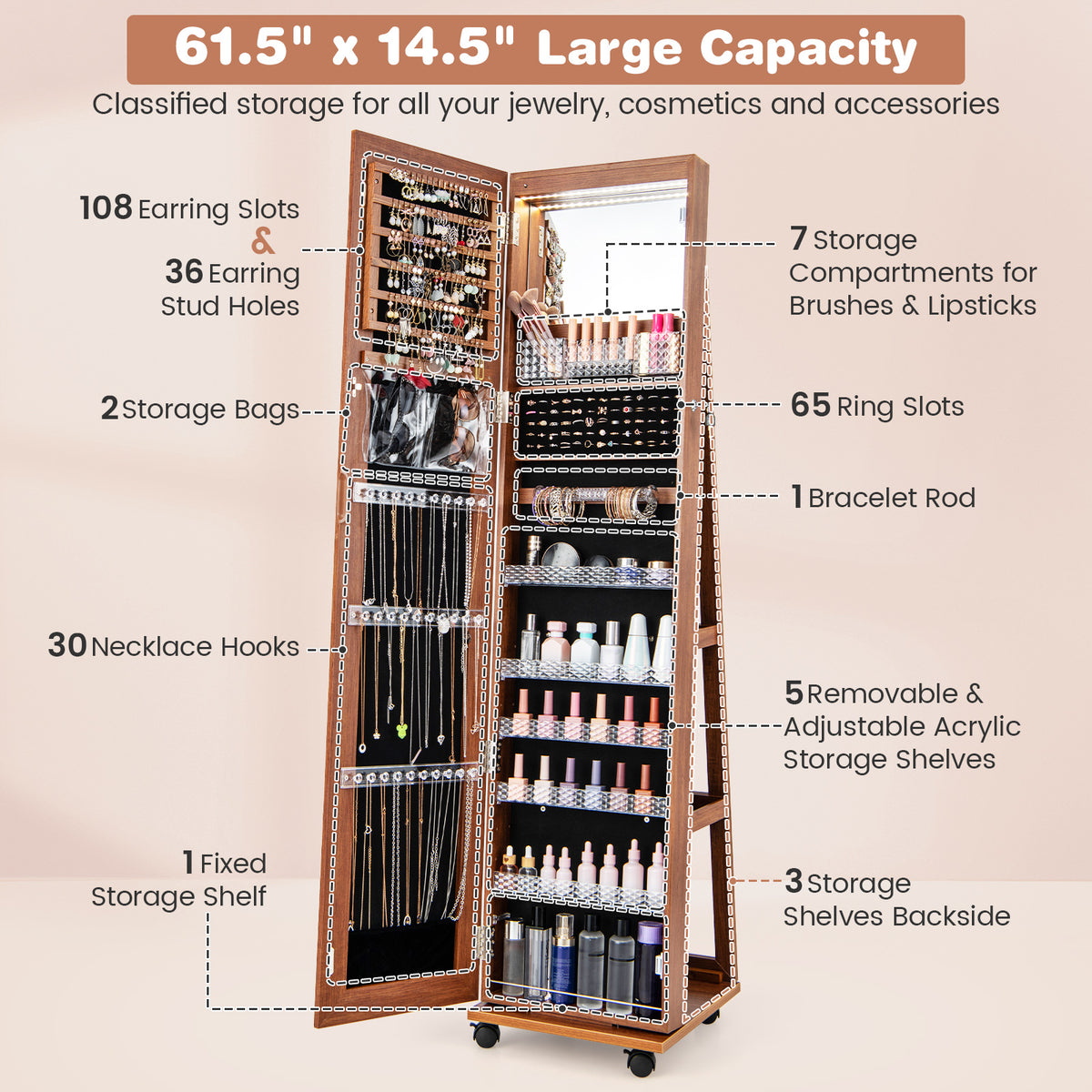 64" Lockable Jewelry Armoire with Built-in Makeup Mirror - Brown