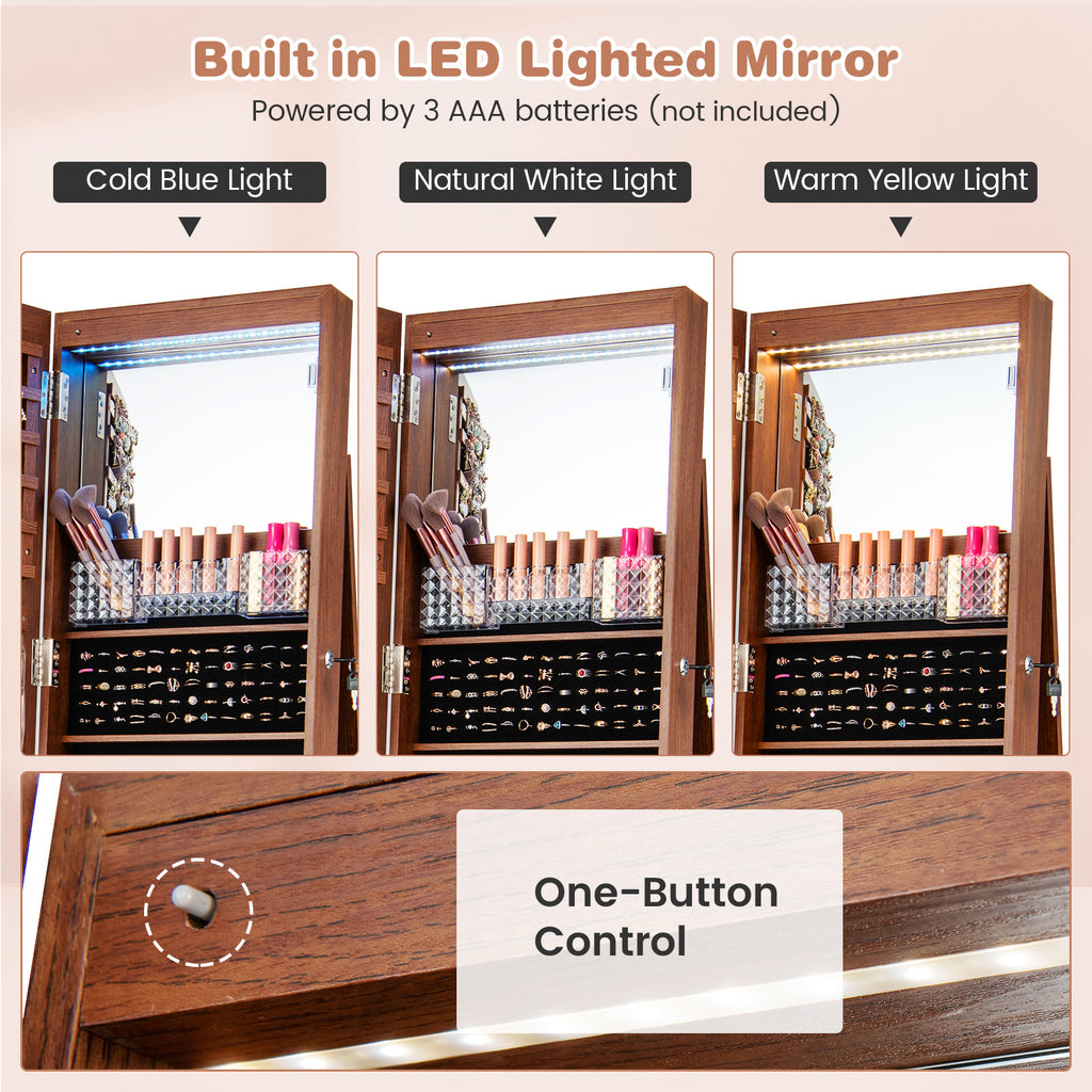 64" Lockable Jewelry Armoire with Built-in Makeup Mirror - Brown