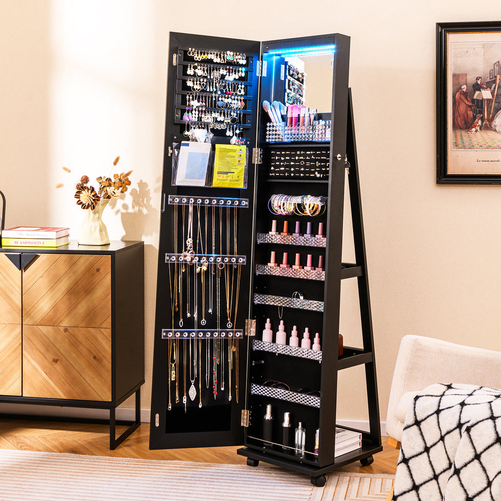 64-Inch Lockable Jewelry Cabinet with Makeup Mirror - Black