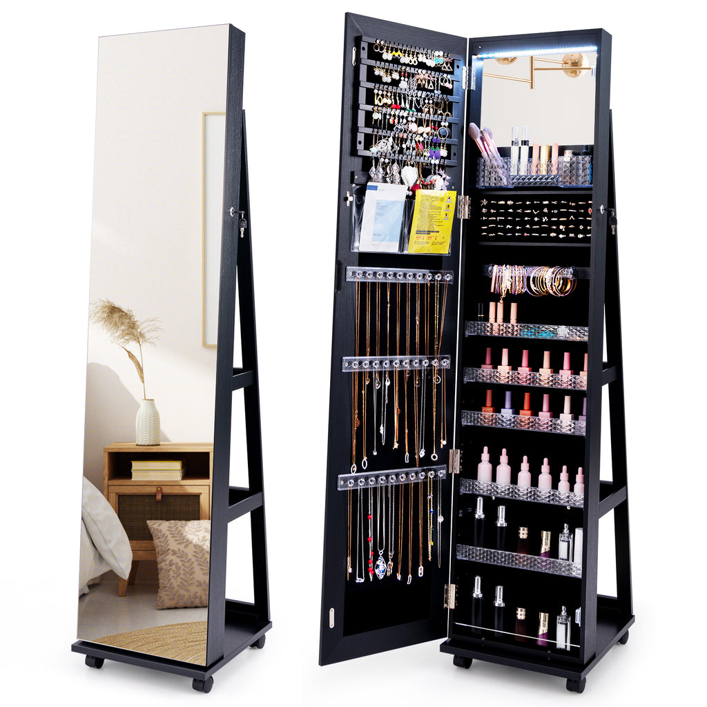 64-Inch Lockable Jewelry Cabinet with Makeup Mirror - Black