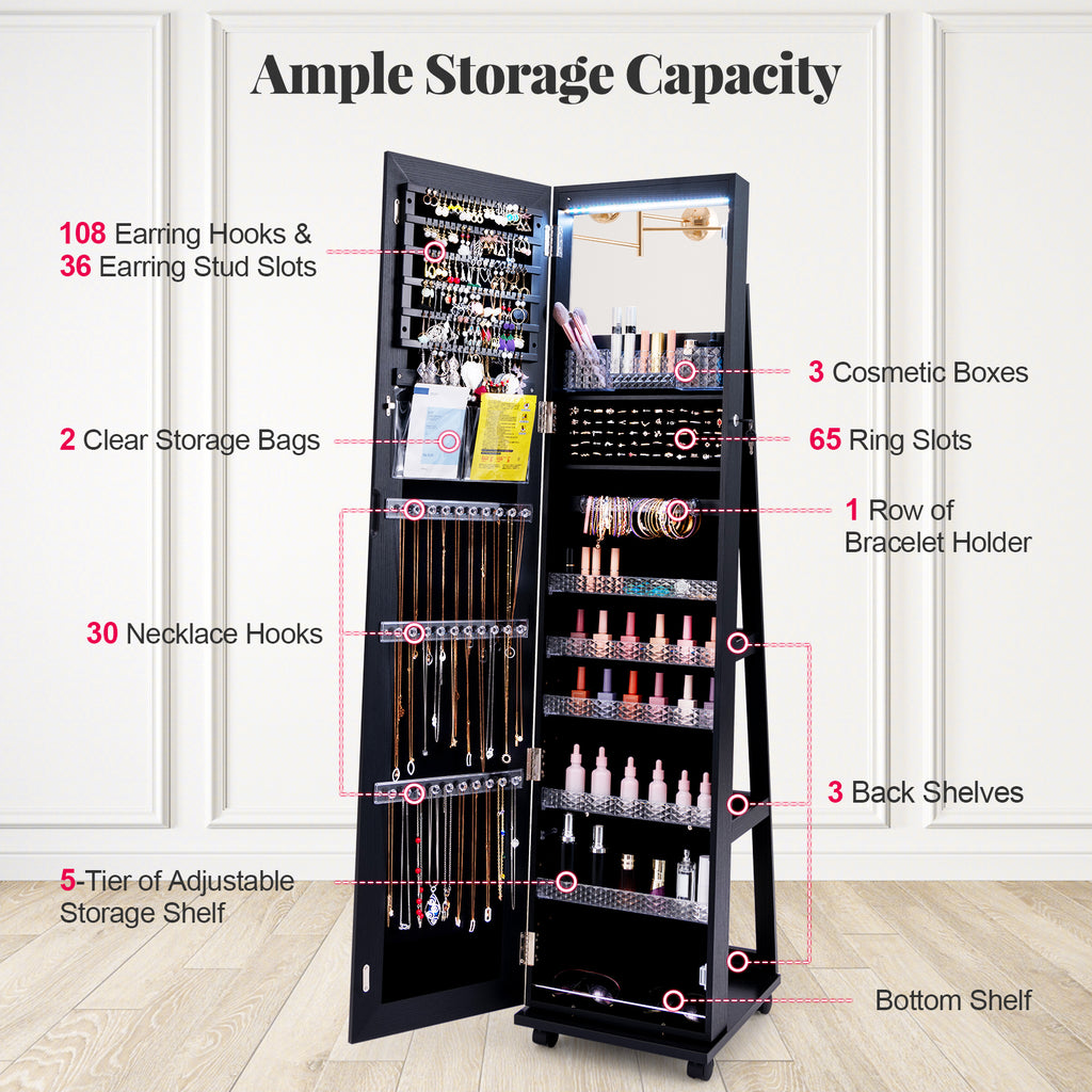 64-Inch Lockable Jewelry Cabinet with Makeup Mirror - Black