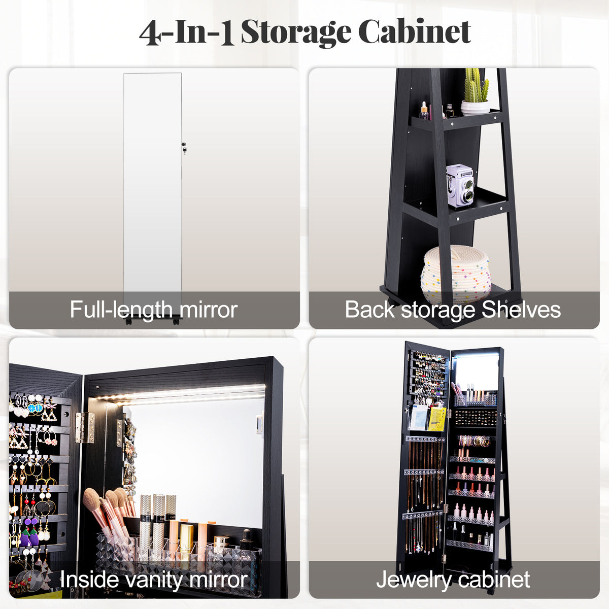 64-Inch Lockable Jewelry Cabinet with Makeup Mirror - Black