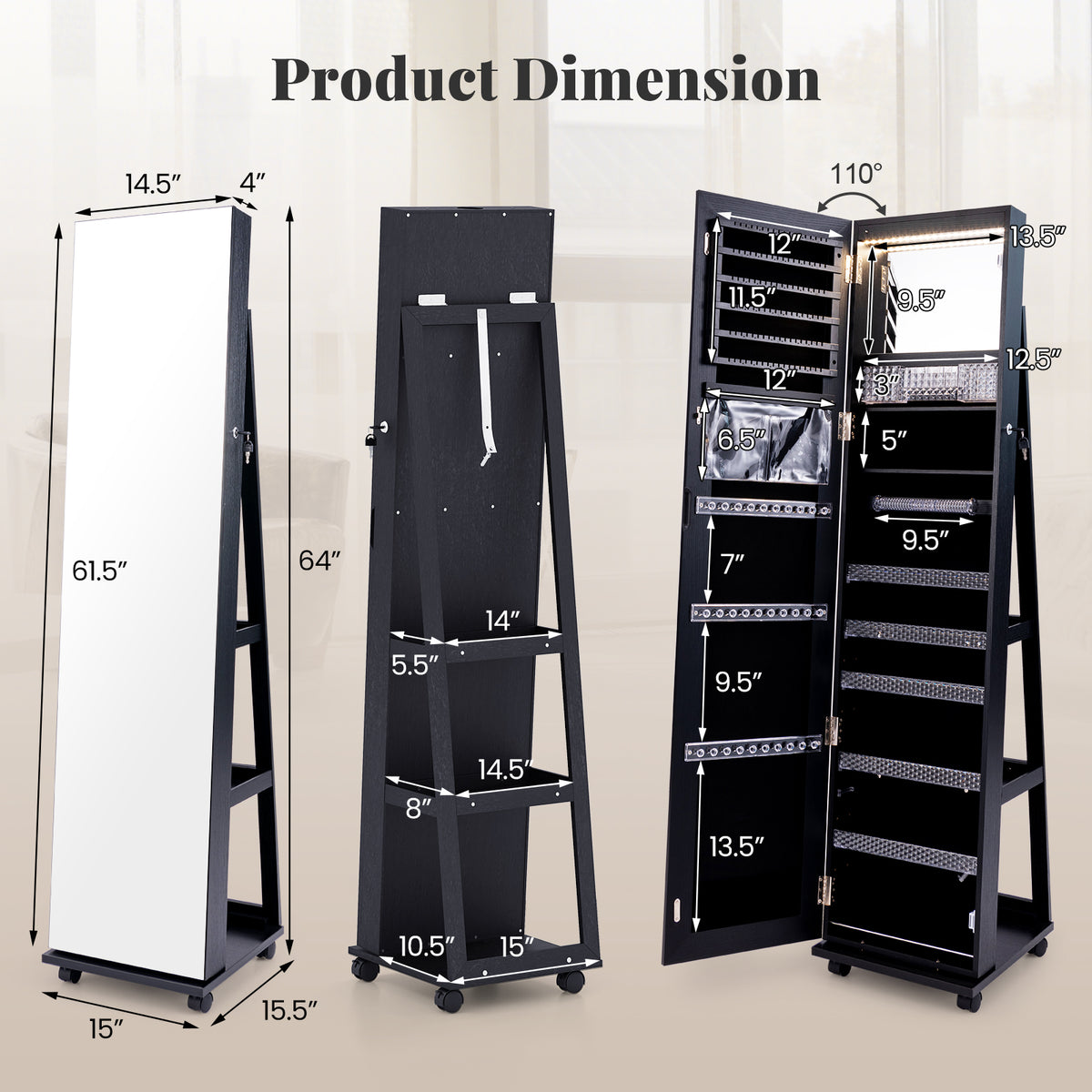 64-Inch Lockable Jewelry Cabinet with Makeup Mirror - Black