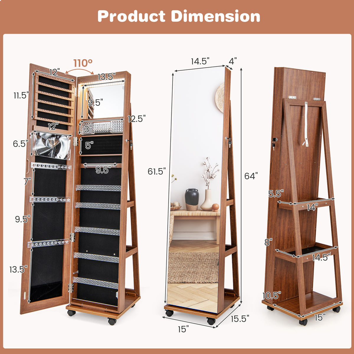 64" Lockable Jewelry Armoire with Built-in Makeup Mirror - Brown