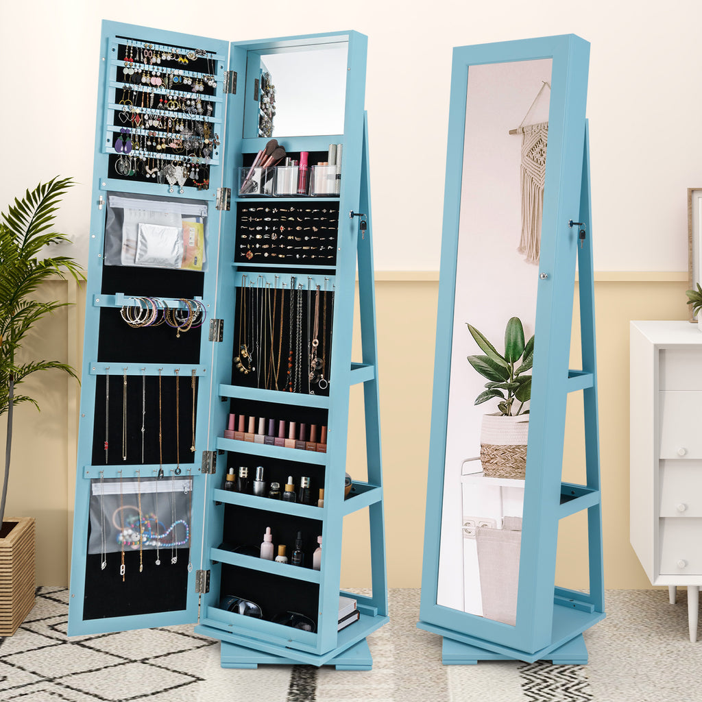 360° Rotating Jewelry Cabinet with Mirror - 3 Shelves, Blue
