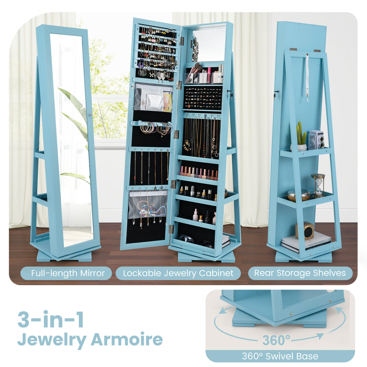 360° Rotating Jewelry Cabinet with Mirror - 3 Shelves, Blue