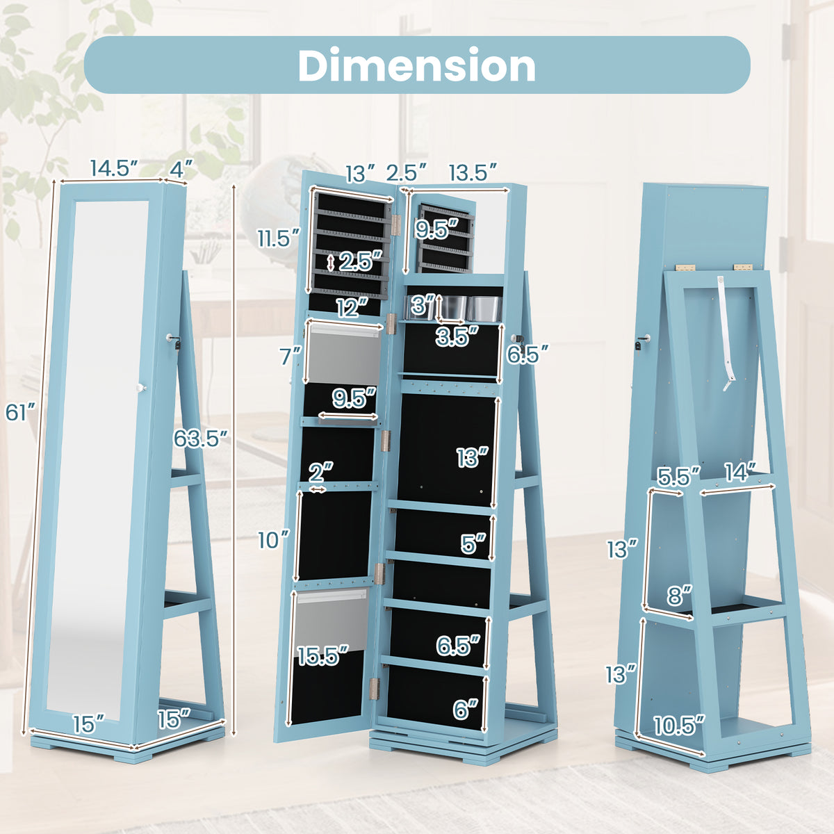 360° Rotating Jewelry Cabinet with Mirror - 3 Shelves, Blue